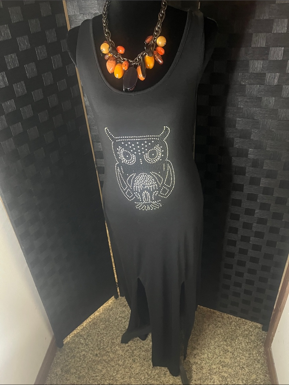 Black Maxi Tank Dress with Rhinestone Owl